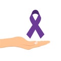 Female hand showing purple awareness ribbon. Awareness month and World cancer day concept.For a poster or banner