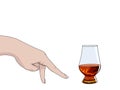 Female hand showing walking fingers gesture. A glass of whiskey nosing. Outline icon isolated on white background