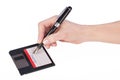 Female hand signs floppy disk Royalty Free Stock Photo
