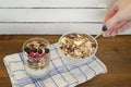 Female hand with spoon, yogurt and granola. Traditional American