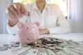 Female hand stack coins  growing business. Saving money Royalty Free Stock Photo