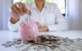 Female hand stack coins  growing business. Saving money Royalty Free Stock Photo