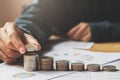 female hand stack coins to show for business accounting Royalty Free Stock Photo