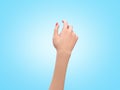 Female hand in a static pose holding a sheet or card d render on blue gradient