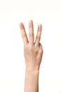 Female hand symbol `3`, isolated, white backgroud