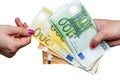 Female hand taking euro banknote from pile Royalty Free Stock Photo