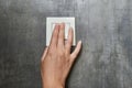 Female hand, to turn off the light, switch, front view Royalty Free Stock Photo