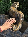 Female hand touching cat monument in a park in Kiev, Ukraine.