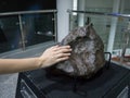 Female hand is touching a meteorite in the museum