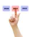 Female hand touching unread mail icon with number 2021over white background. Happy New Year concept