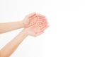 Female hand two palm up. handbreadth isolated on a white background. Front view. Mock up. Copy space. Template. Blank.