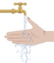 Female hand under a stream of water running down from a tap