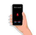 Female Hand Using Voice Search Holding Smartphone, White Background, Illustration