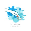 Female hand on water splash background. Vector logo, label, embl