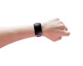 Female hand wearing smartwatch blank black glass bent touchscree