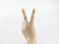 Female hand on white background with shadow. The thumb and forefinger are assembled into round OK