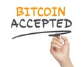 Female hand writing bitcoin accepted message with marker