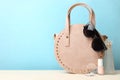 Female handbag, cosmetics and sunglasses Royalty Free Stock Photo