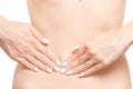 Female hands on female abdomen appendiciti Royalty Free Stock Photo