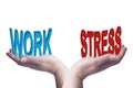 Female hands balancing work and stress 3D words conceptual image Royalty Free Stock Photo