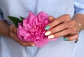 Female hands with beautiful manicure and nail polish hold a peony flower with dew drops Royalty Free Stock Photo