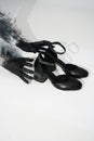 Female hands in black paint reach for new black leather shoes on a white background. top view fashion shoes spring summer 21/22 Royalty Free Stock Photo