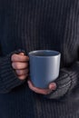 Female hands in black sweater holding cup of hot beverage Royalty Free Stock Photo