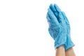 Female hands in blue crumpled medical gloves. Protection and precautions. Isolated on a white background. Close-up. Space for text