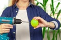 Female hands in a blue shirt hold a screwdriver with a drill and a bright lemon against the background of a light window and green Royalty Free Stock Photo