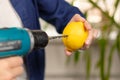 Female hands in a blue shirt hold a screwdriver with a drill and a bright lemon against the background of a light window and green Royalty Free Stock Photo