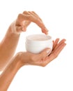 Female hands with body lotion Royalty Free Stock Photo