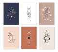 Female hands cards. Linear woman hand combination with mystic witchcraft elements in minimalistic style, gestures and