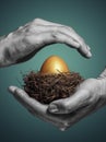 Female hands carefully hold the nest with a golden egg