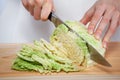 Female hands chopping savoy cabbage Royalty Free Stock Photo