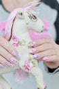 Women\'s hands hold a toy pink horse