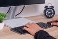 Female hands on computer keyboard and mouse. Working or studying on computer Royalty Free Stock Photo