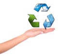 Female hands and conceptual recycling symbol Royalty Free Stock Photo