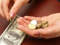 Female hands consider coins Royalty Free Stock Photo