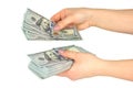 Female hands consider dollars on a white background Royalty Free Stock Photo