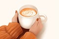 Female Hands Cradling Cup Of Pumpkin Latte, The Perfect Autumn Beverage