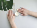 Female hands cream monstera leaf