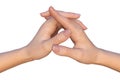 Female hands with crossed thumbs and interlaced fingers