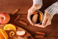 Female hands with cup of delicious Christmas mulled wine Royalty Free Stock Photo