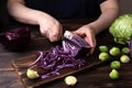 Female hands cutting red cabbage on a wooden dark background with early cabbage head, brussels sprouts, rustic style