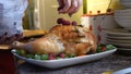 Female Hands Decorate Roasted Whole Chicken on Plate For Family Dinner Royalty Free Stock Photo