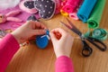 Female hands doing crafts from felt Royalty Free Stock Photo
