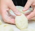 In female hands dough for pies