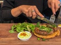 Female hands eating breaded grilled meat or burger with salad and french fries Royalty Free Stock Photo