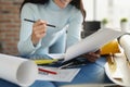 Female hands of engineer architect working at table closeup Royalty Free Stock Photo