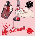 Female hands with fingers, red nail polish, a bottle of nail polish. manicure concept Royalty Free Stock Photo